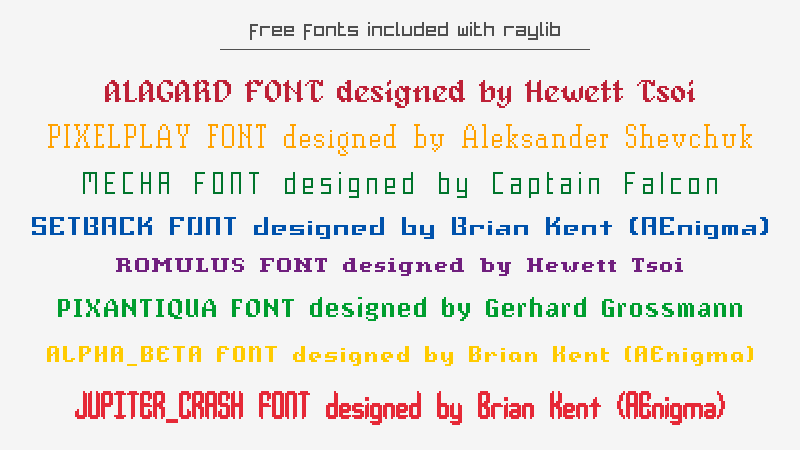 /quartznet/raylib-cs/raw/commit/d60433f501154b97e95505eeb53d1187b9080fda/ExampleApplication/Examples/text/text_raylib_fonts.png